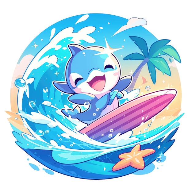 A dolphin riding a surfboard cartoon style