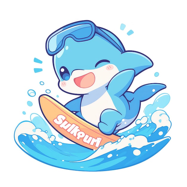 A dolphin riding a surfboard cartoon style