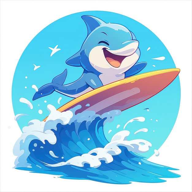 A dolphin riding a surfboard cartoon style