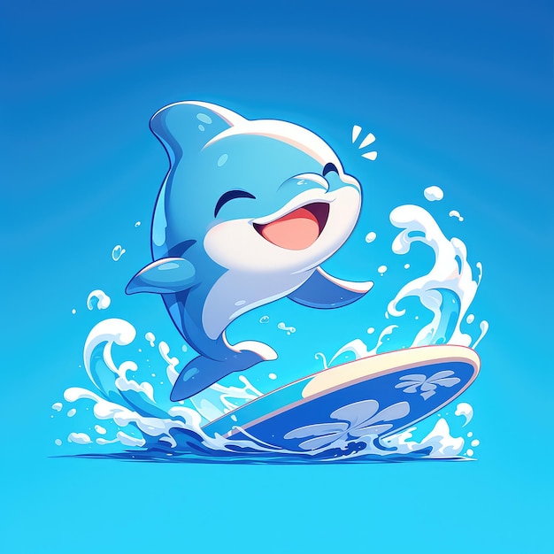 A dolphin riding a surfboard cartoon style