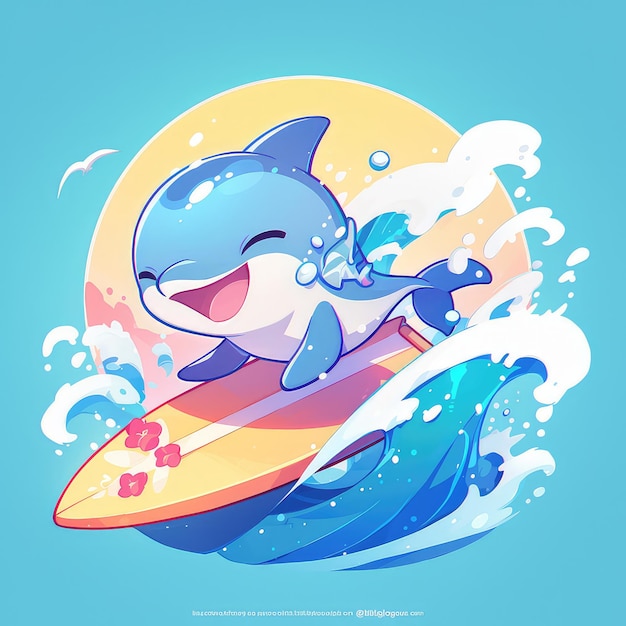 A dolphin riding a surfboard cartoon style