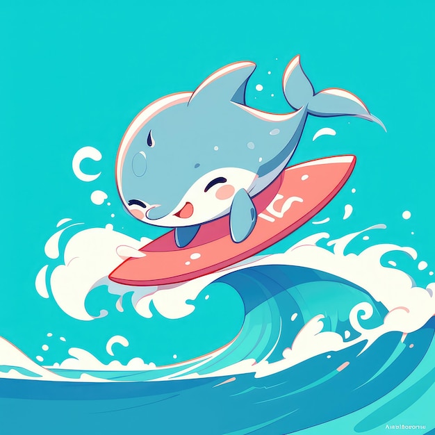 A dolphin riding a surfboard cartoon style