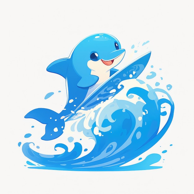 A dolphin riding a surfboard cartoon style