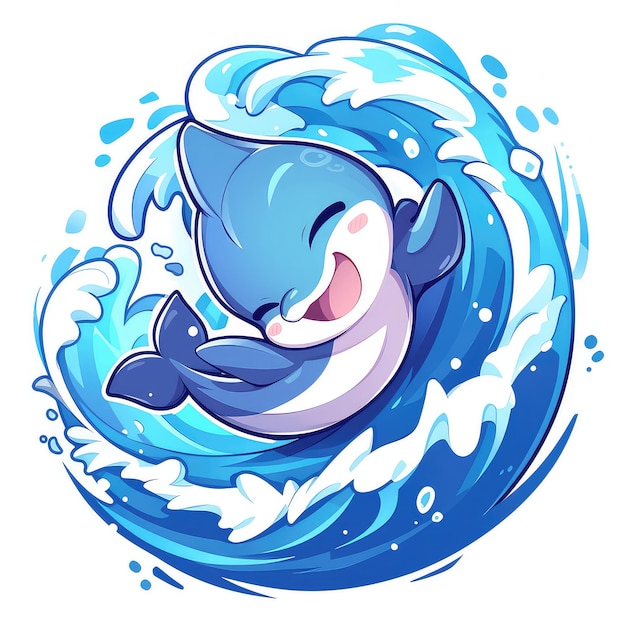 A dolphin surfing waves cartoon style