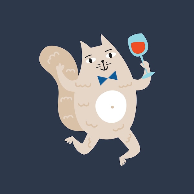 Domestic funny cat celebrating dancing with glass of wine Vector illustration