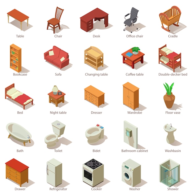 Vector domestic furniture icons set. isometric illustration of 25 domestic furniture vector icons for web