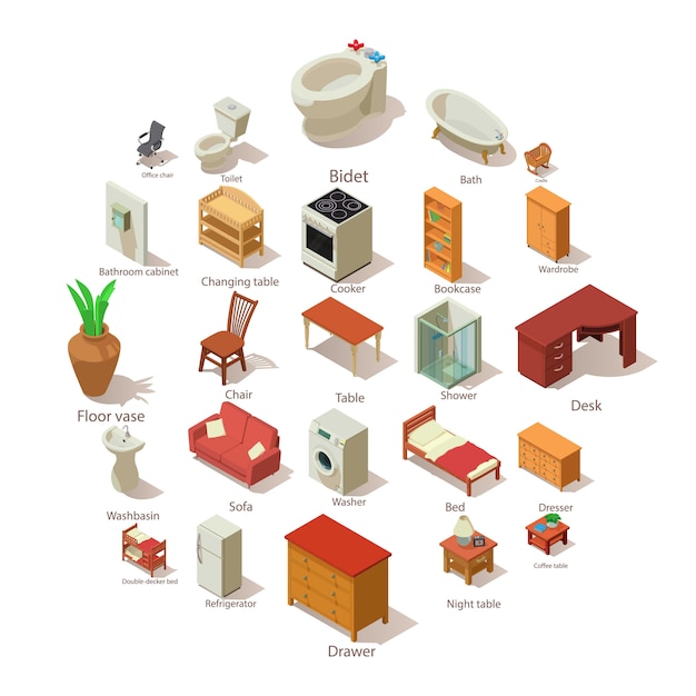 Vector domestic furniture icons set, isometric style