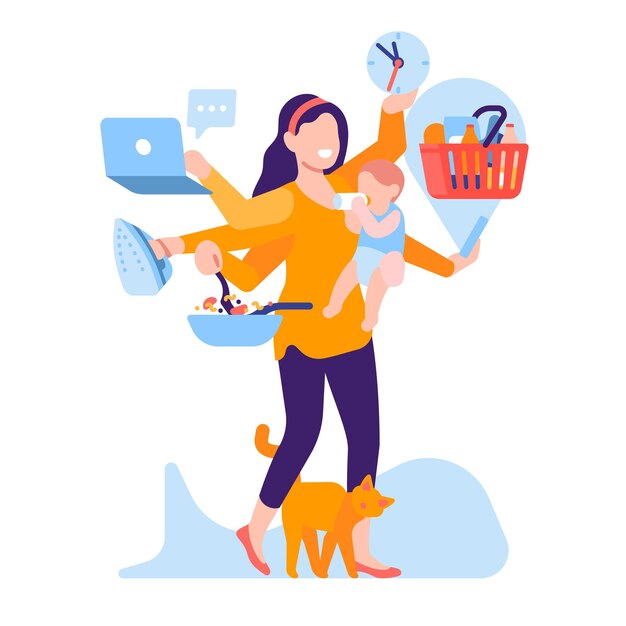 Vector domestic tasks woman. mom hero daily houseworking. simultaneous execution several actions. mother cooking and ironing. female feeding baby and working at laptop. multitasking person. vector concept