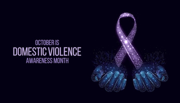 Domestic Violence Awareness Month concept Banner template with glowing low poly purple ribbon Futuristic modern abstract background Vector illustration