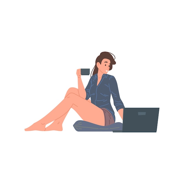 Domestic young woman chatting browsing internet use laptop sitting on floor with cup tea vector