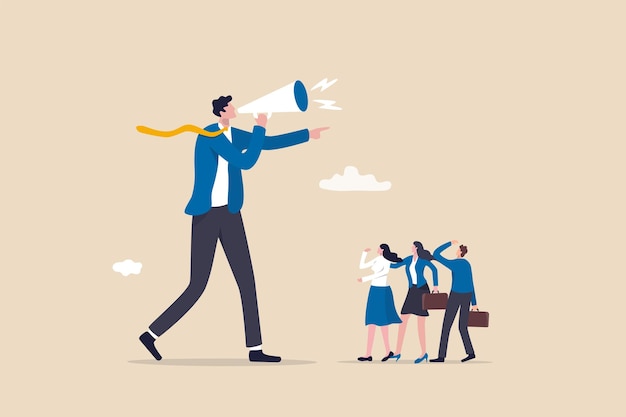 Dominant leader, bossy manager using authority power to order and control employee to work, contrast and conflict management concept, giant businessman manager using megaphone to order employee.