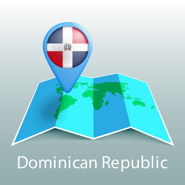 Dominican Republic flag world map in pin with name of country on gray background