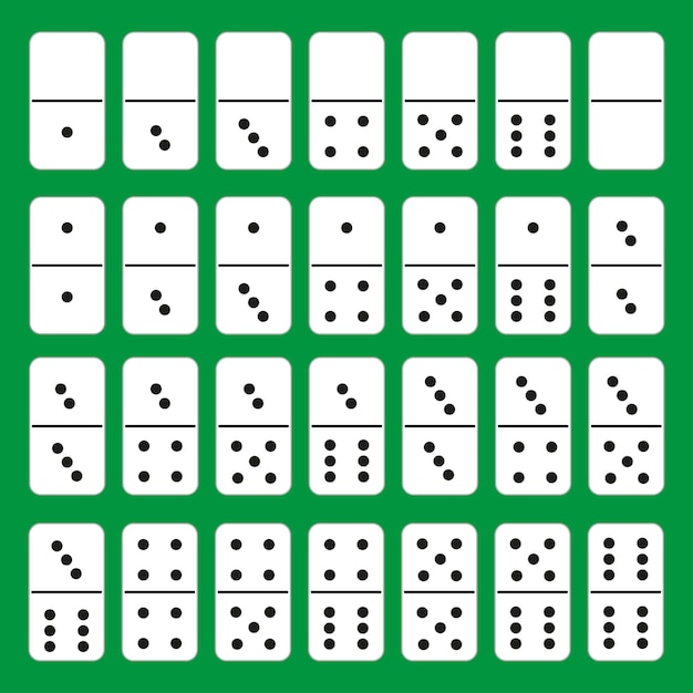 Domino White color isolated on green background Flat style A complete classic domino game Collection of 28 pieces Vector illustration