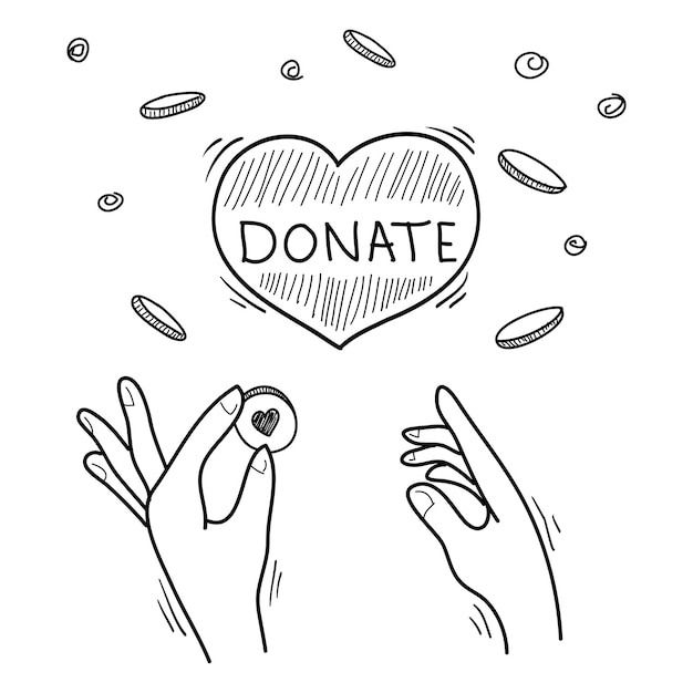 Donate hand drawn Concept of charity and donation hands Give and share love to people hands gesture on doodle style vector illustration