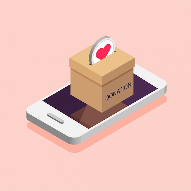 Donation box in the phone. Charity work concept. Donate, giving money online.  illustration in isometric style.