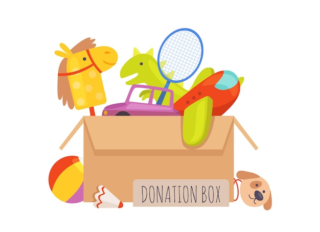 Donation box. Voluntary help children, isolated box with toys. Charity illustration.