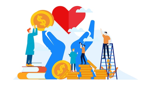 donation day charity with big heart and big hands flat illustration design