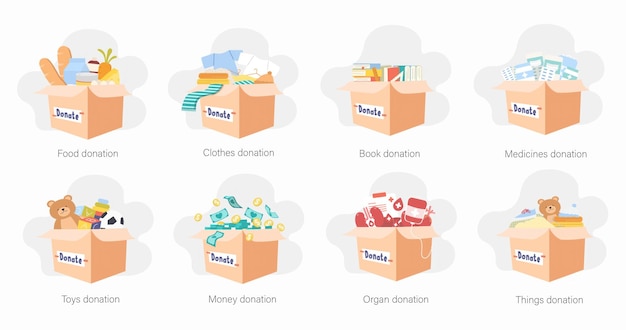 Donation Icons Set Food Clothes Books Medicines Toys Money Organ and Miscellaneous Donations