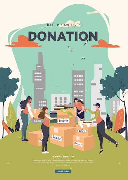 Donation Poster Vector for Charity and Community Support with Volunteers and Boxes in Urban Park