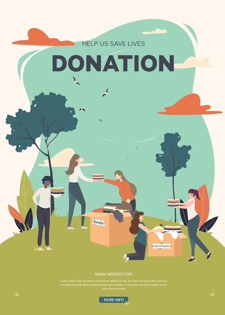 Vector donation poster with volunteers helping and collecting items for charity promoting donation drives