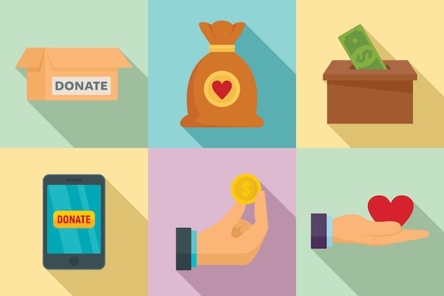 Donations icons set, flat style