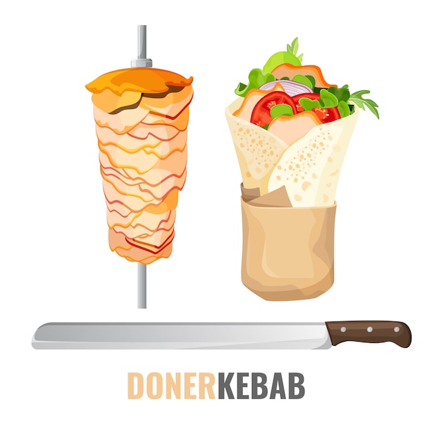 Vector doner kebab with vegetables and chicken