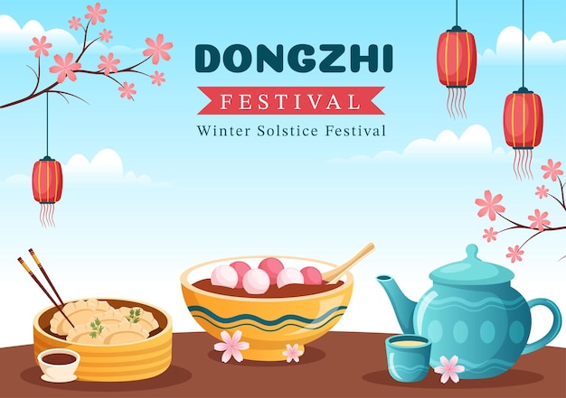 Dongzhi or Winter Solstice Festival Hand Drawn Illustration with Chinese Food Tangyuan and Jiaozi