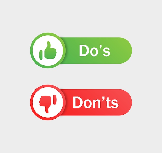 Do and dont like and dislike icon button or dos and donts with thumbs up down icons label banner