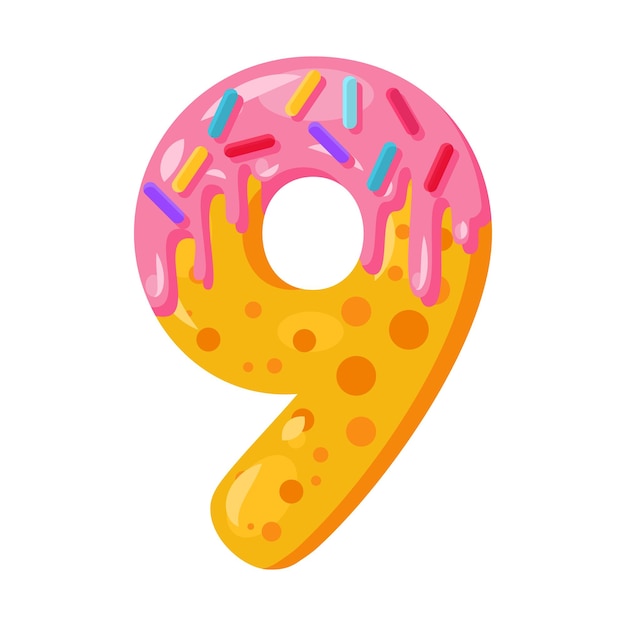 Donut cartoon nine number vector illustration. Biscuit font style. Glazed bold symbol with icing. Tempting flat design typography. Cookies, waffle math sign. Pastry, bakery isolated clipart