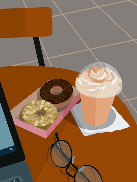 Donut and coffee iluustration in flat design style