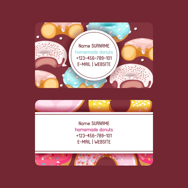 Vector donut doughnut business card food glazed sweet dessert with sugar chocolate in bakery