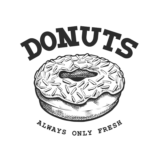 Donut Retro Emblem. Logo template with black and white letters and donut sketch. EPS10 vector illustration.