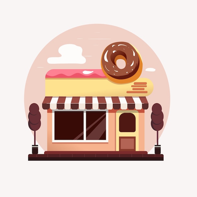 Donut shop bakery store logo cartoon flat vector illustration