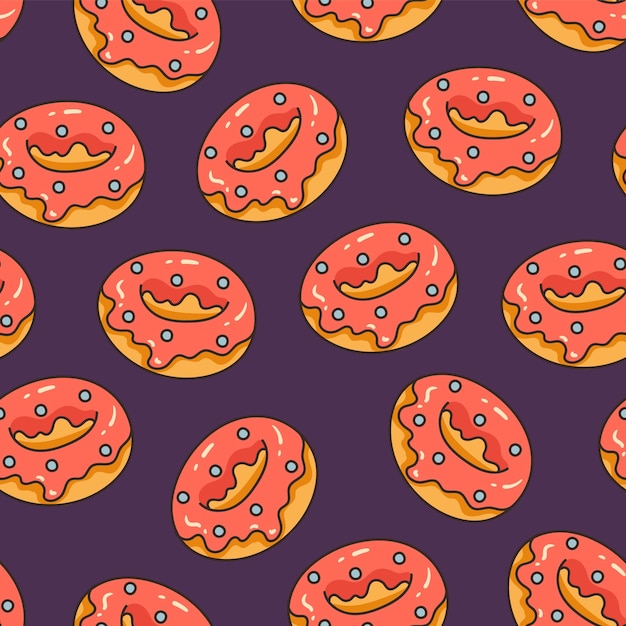 Donut sweet food cake bakery seamless print pattern on dark background graphic design illustration