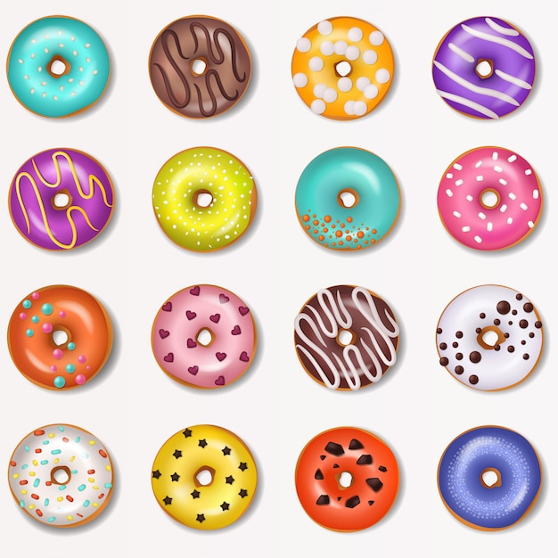 Donut vector doughnut food and glazed sweet dessert with sugar or chocolate in bakery illustration set