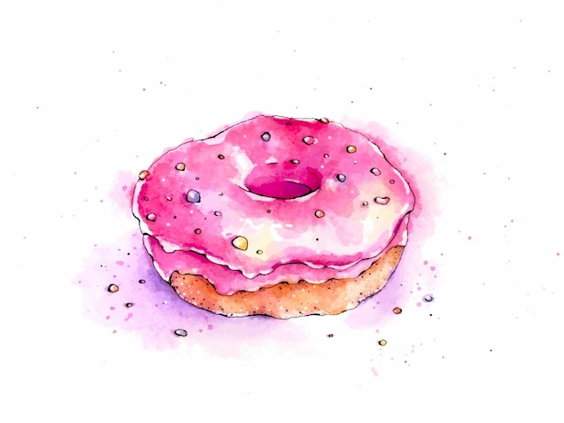 Donut with pink icing on a white background watercolor drawing