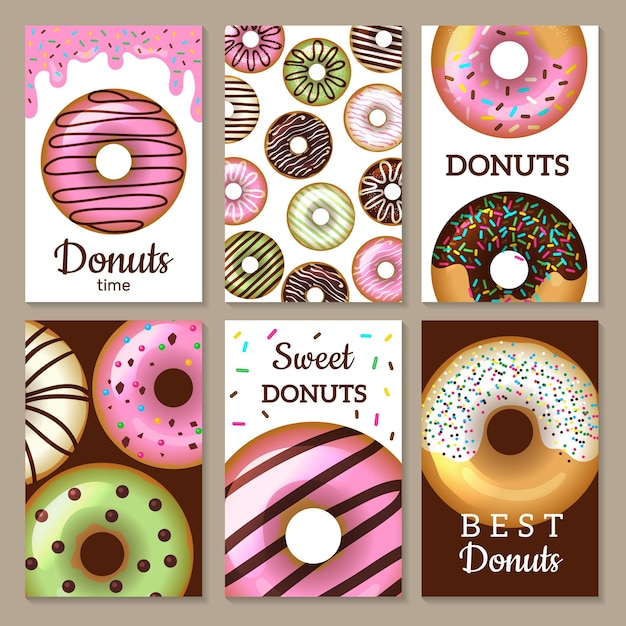 Donuts cards design. Sweets colored cards with glazed round cakes food textured templates.