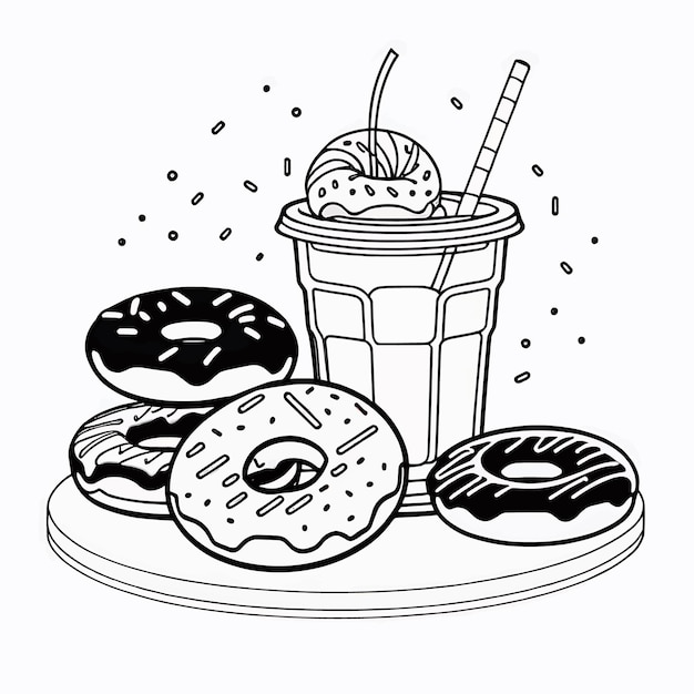 donuts and drink outline coloring page illustration for children and adult