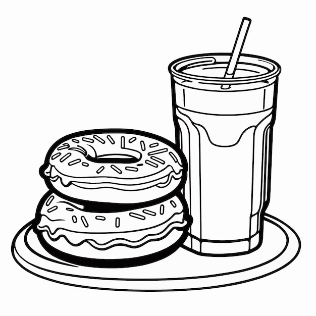 donuts and drink outline coloring page illustration for children and adult