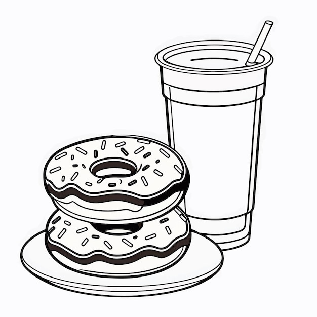 donuts and drink outline coloring page illustration for children and adult