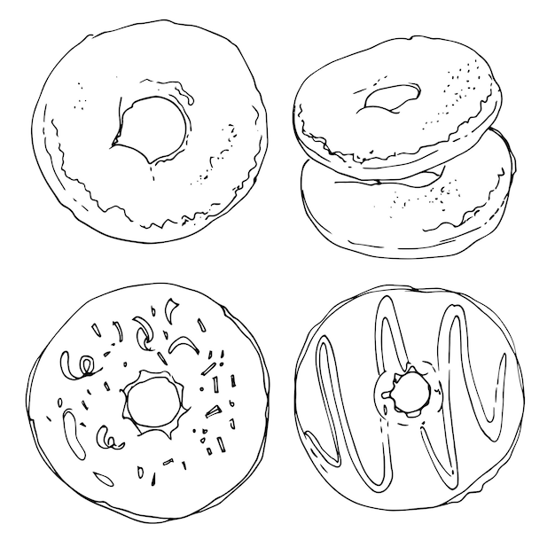 Vector donuts painted line against white background. sweets. doughnut glaze. a sketch of food. drawing