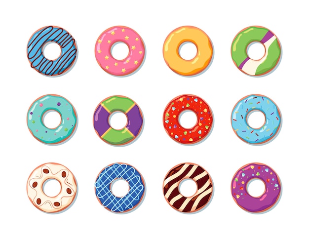 Donuts Pastries products dessert delicious food for breakfast chocolate donuts garish vector flat illustrations