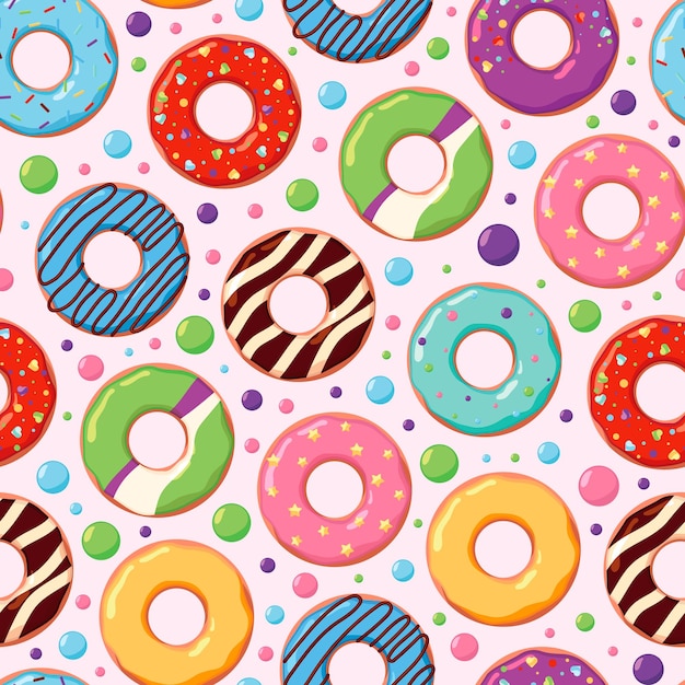 Donuts pattern Food rings colorful sugared chocolate round donuts garish vector illustrations of seamless background