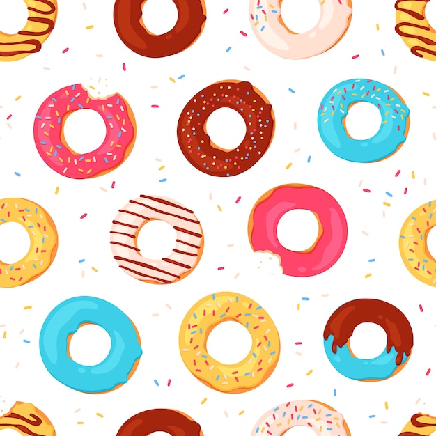 Donuts seamless pattern. Sweet summer print glazed doughnuts. Bitten donut with pink icing and sprinkles. Bakery dessert vector texture. Illustration pattern sprinkle texture, doughnut confectionery