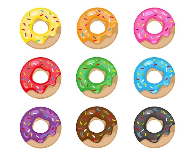 Donuts set cartoon style. Different colors