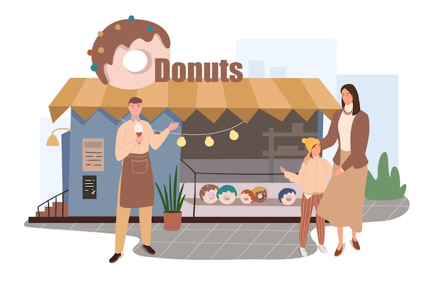 Donuts shop building web concept. Mother and daughter shopping for fresh desserts at store. Pastry chef sells his products