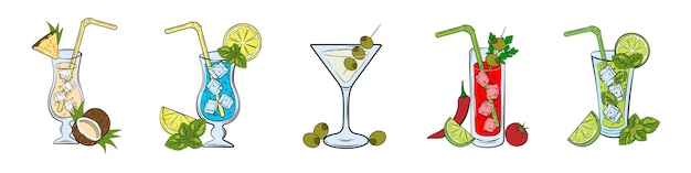 Doodle Alcoholic Cocktails on white Background Vector Illustration Majito Pina Colada