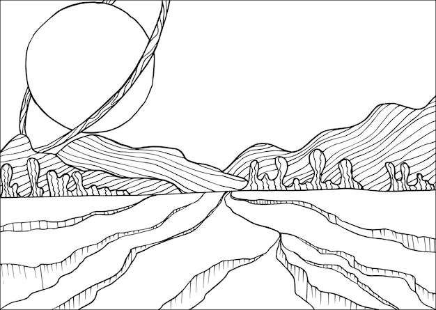 Doodle alien fantasy crater landscape coloring page for adults Fantastic graphic artwork Hand drawn illustration