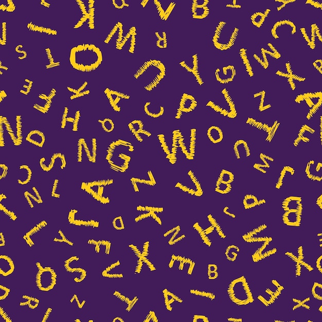 Doodle alphabet seamless background.  Endless vector pattern with yellow letters on a purple background.