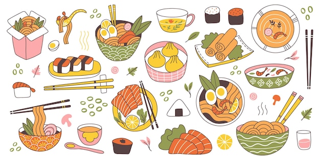 Doodle asian japanese cuisine traditional delicious food. Chinese, korean, japanese rice, noodles, fish and meat dishes vector illustration set. Oriental cuisine food